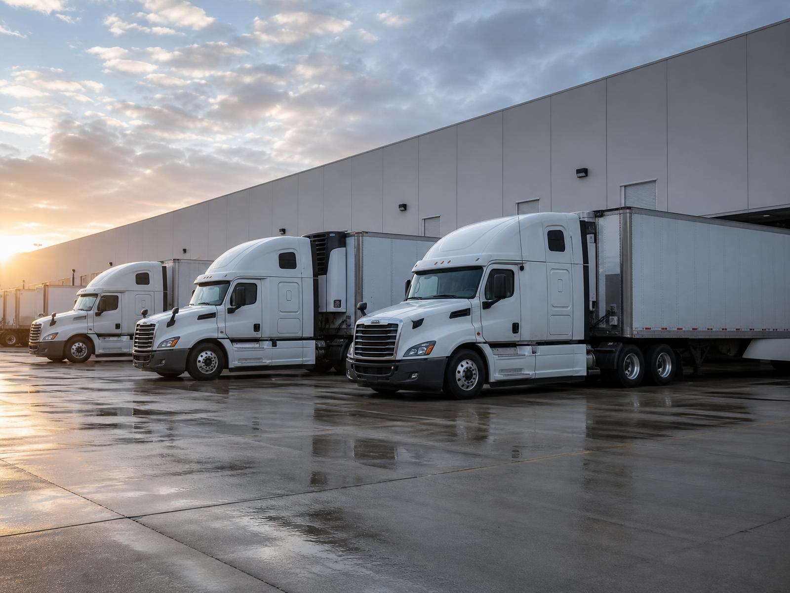 Standard Trucking Inc. tractors parked at a freight terminal at dusk